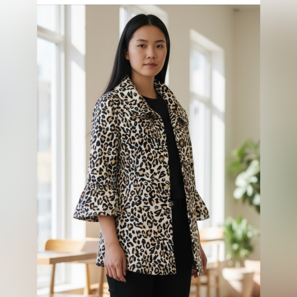 Appraisal Leopard Print Trench Coat with ruffle detail sleeves size Medium
